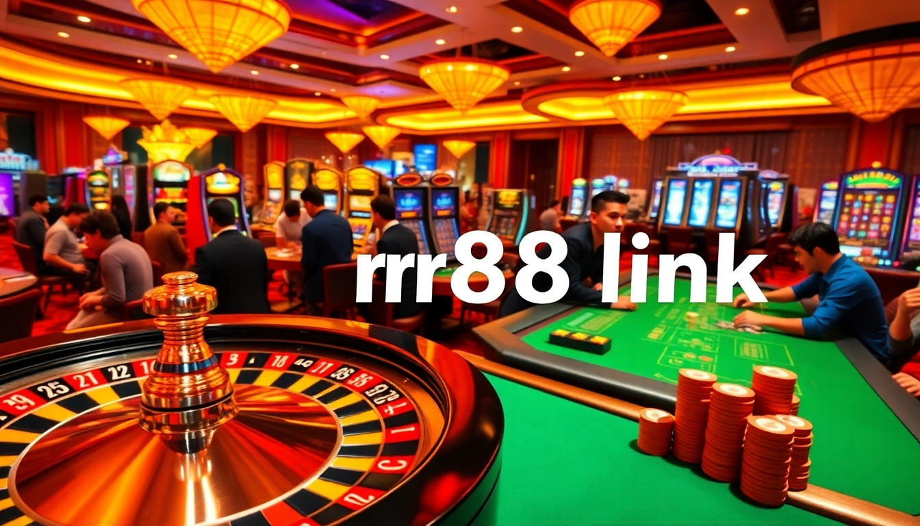 The casino scene depicts lively players enjoying their favorite games and showcases the rr88 link for online access, enhancing the thrill of gambling.