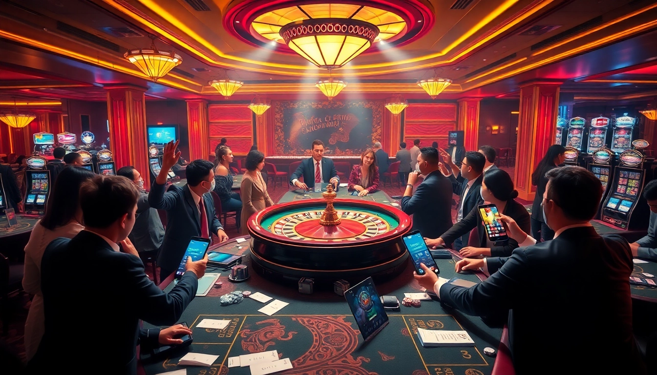 Excited players engaging at a vibrant casino, with rr88 link showcased through online betting activities.