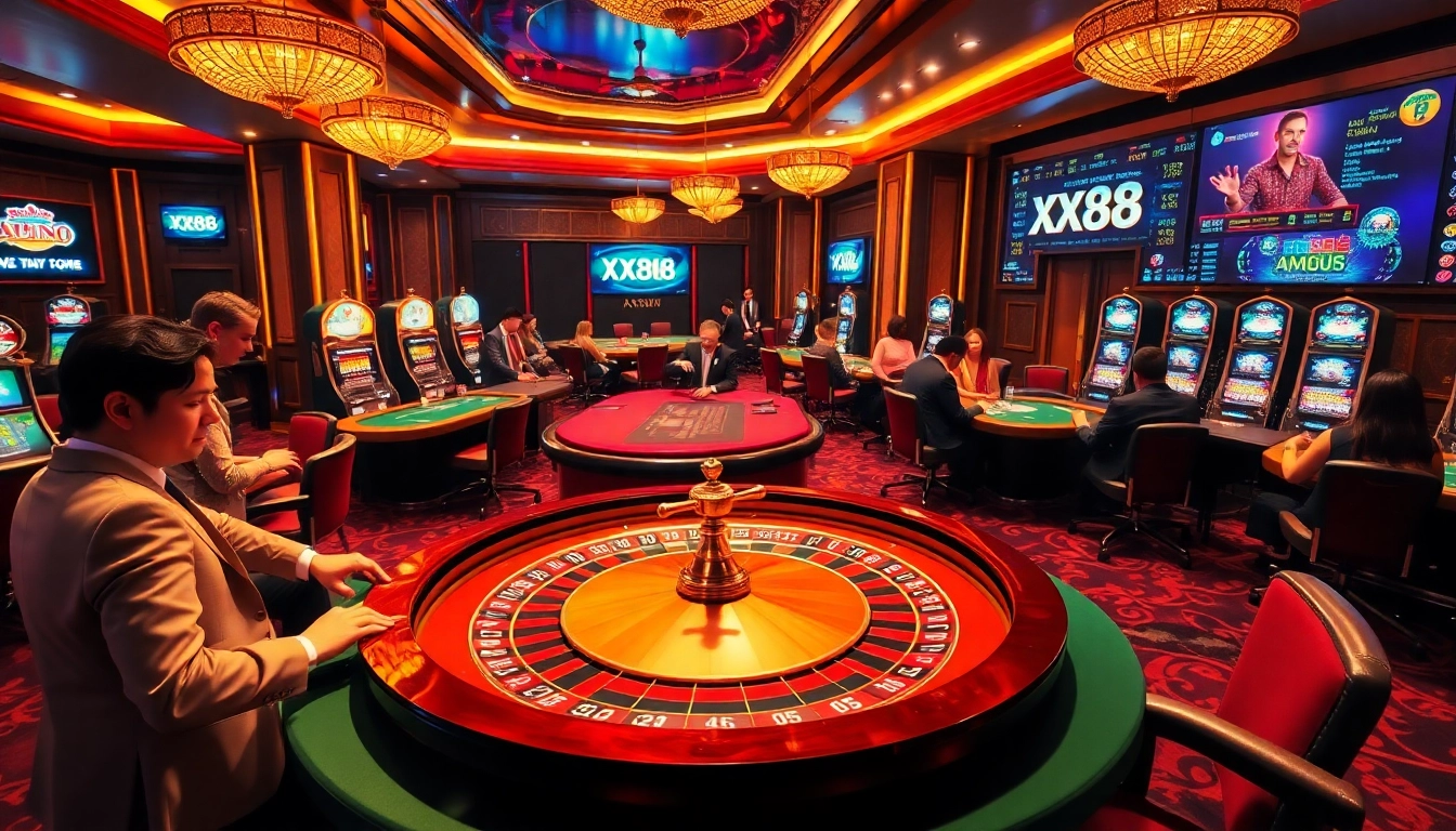 Gambling enthusiasts enjoy the thrill of XX88 at an upscale casino equipped with poker tables and slot machines.