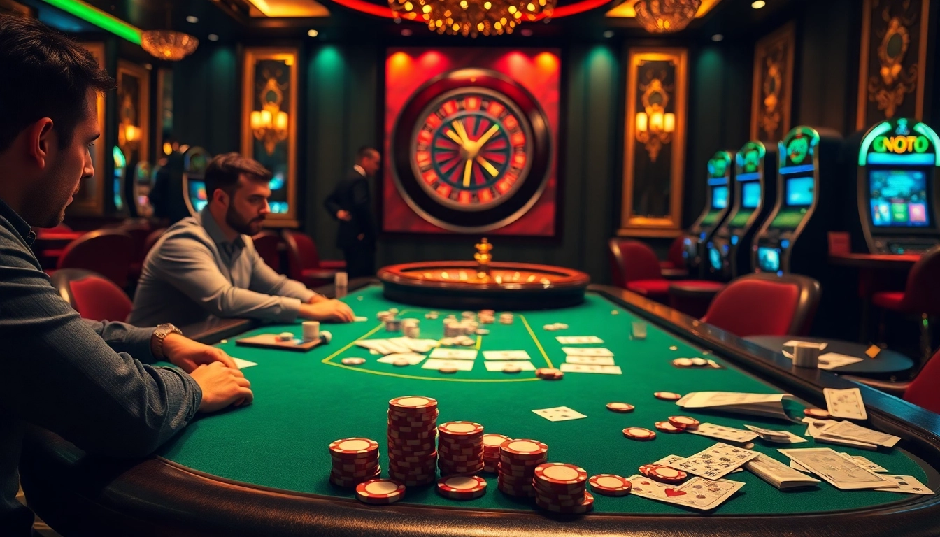 Experience the excitement of Nohu90 as players thrill at a poker table amidst vibrant casino lights and roulette spins.